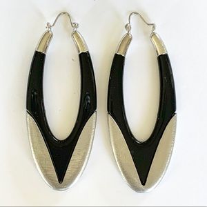 Black & Silver Two Tone Oval Hoop Earrings